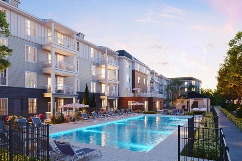 55+ apartments and outdoor pool at Arden at Huntersville in Huntersville, North Carolina.