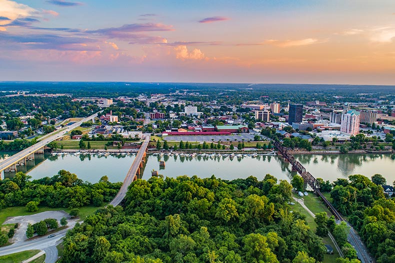 Aerial view of the Downtown Skyline along the Savannah River of Augusta, Georgia.