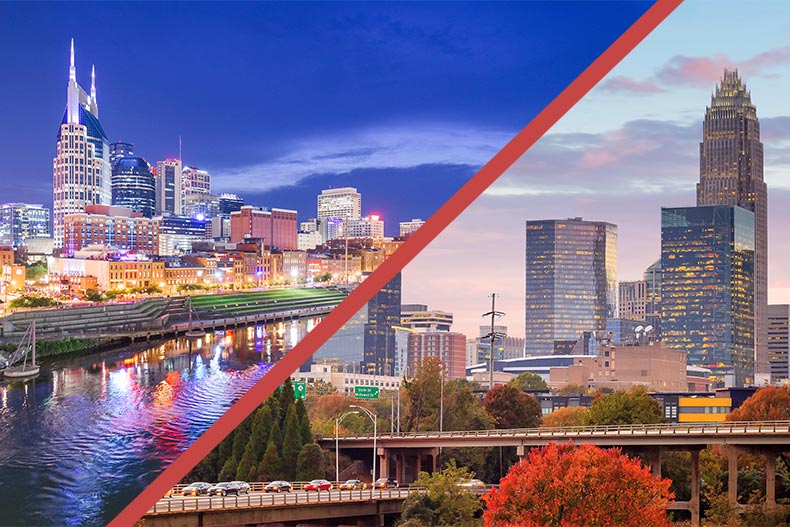 A side-by-side image of Charlotte, North Carolina and Nashville, Tennessee.