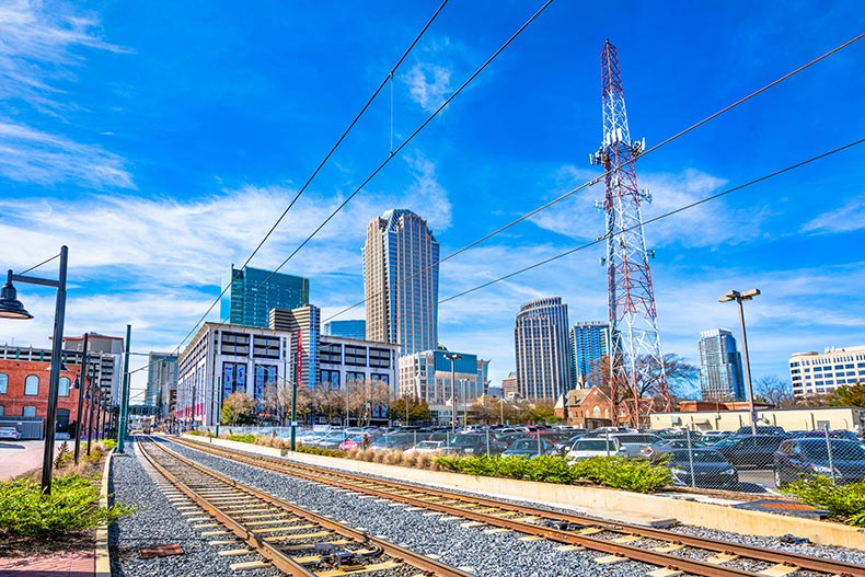 View of the Light Rail and Downtown Charlotte in North Carolina.