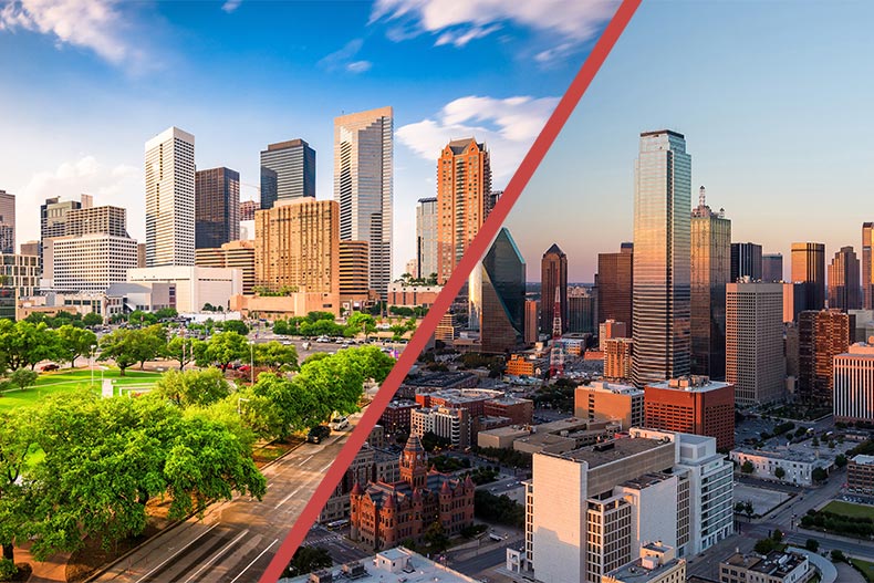A side-by-side image of Houston, Texas and Dallas, Texas.
