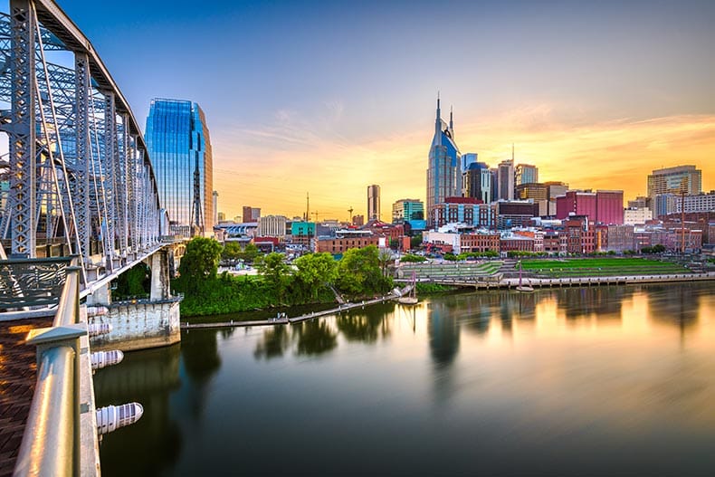 View of the Cumberland River and Downtown Nashville, an attractive place to retire to Tennessee.