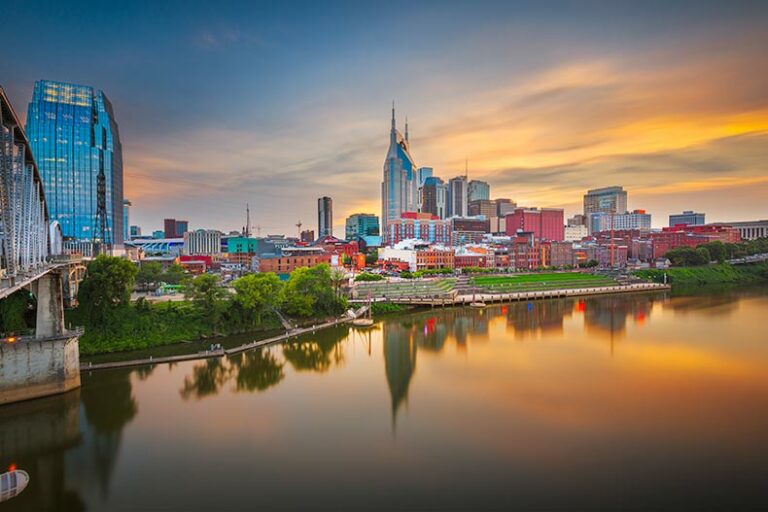 The downtown city skyline at dusk on the Cumberland River in Nashville, Tennessee.