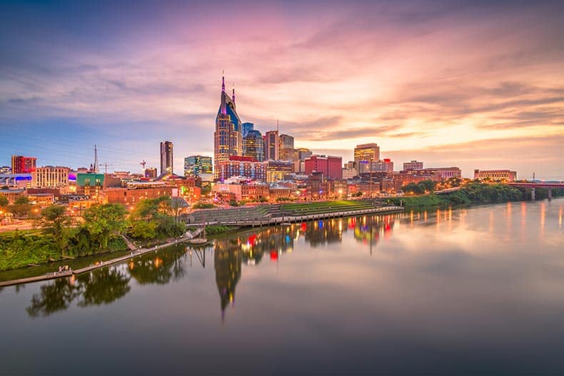 The downtown cityscape at dusk in Nashville, Tennessee.