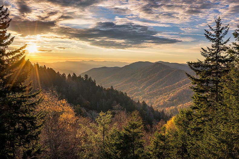 The autumn sunrise over the Newfound Gap in the Great Smoky Mountains.