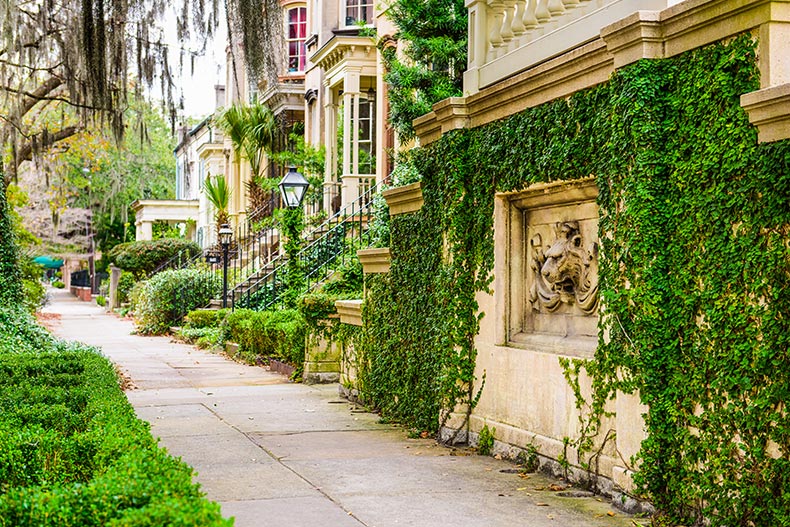 Historic downtown sidewalks and rowhouses in Savannah, Georgia.