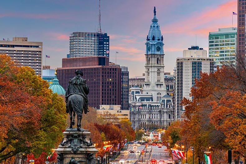 View the Benjamin Franklin Parkway in autumn in Philadelphia, Pennsylvania.