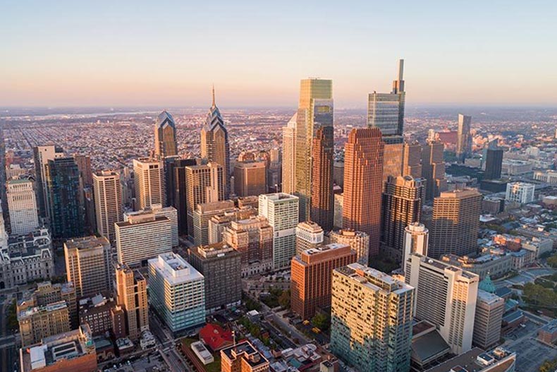 Aerial view of the downtown skyline of Philadelphia, Pennsylvania.