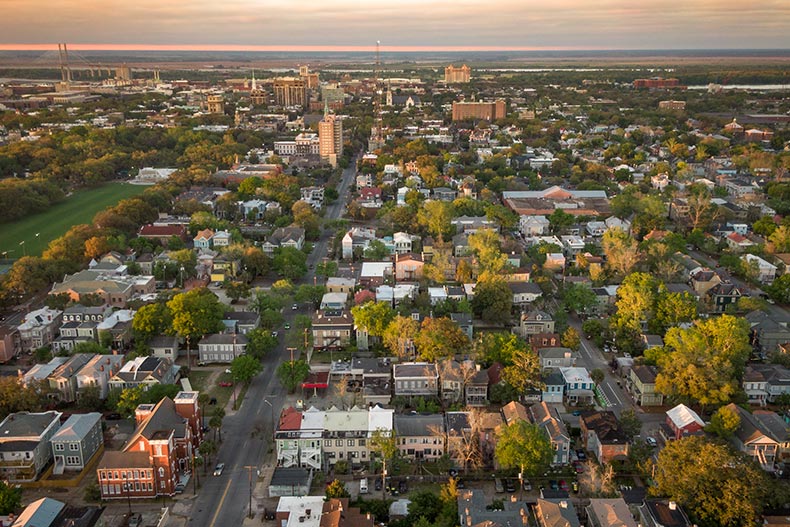 Aerial view of historical Savannah, Georgia during golden hour.