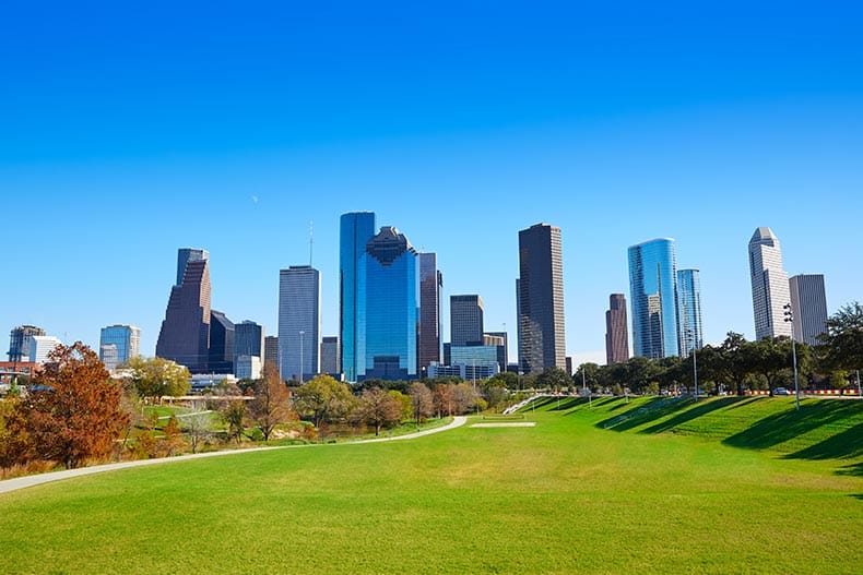 View of Houston skyline on a sunny day from a park in Texas.