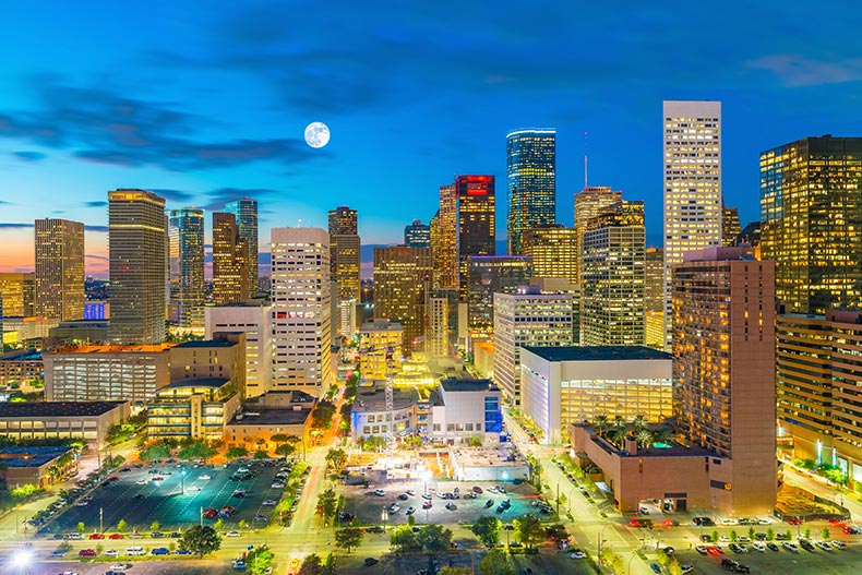 Twilight view of Downtown Houston, a good place to retire.