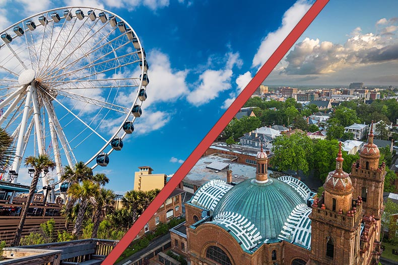 A red line separating an image of Myrtle Beach in South Carolina and Wilmington in North Carolina.