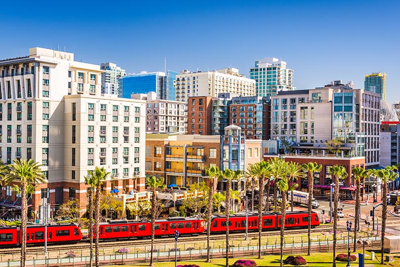 View of the Gaslamp Quarter in San Diego on a sunny day.