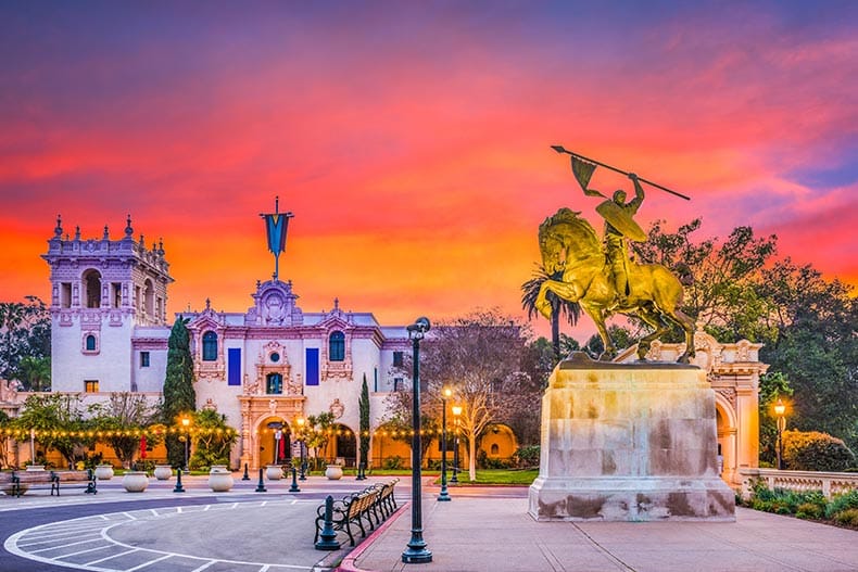 A statue in a park at sunset in San Diego, California.