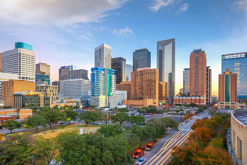 The downtown park and skyline in the morning in Houston, Texas, USA.