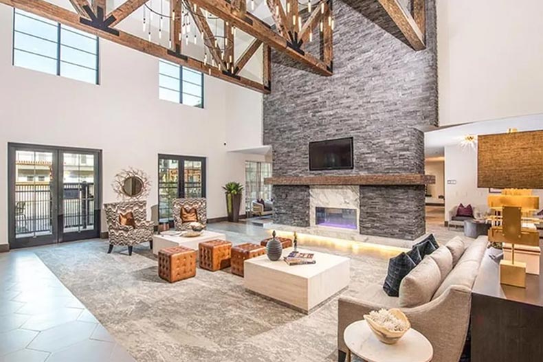 Interior view of a lounge at Everleigh Forestwood in Dallas, TX.