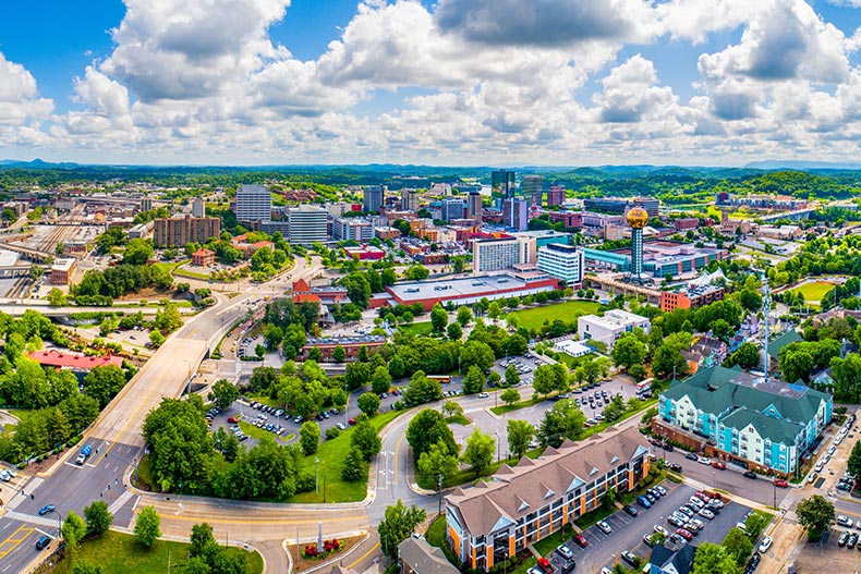 Aerial view of the downtown skyline of Knoxville, TN, a good place to retire.