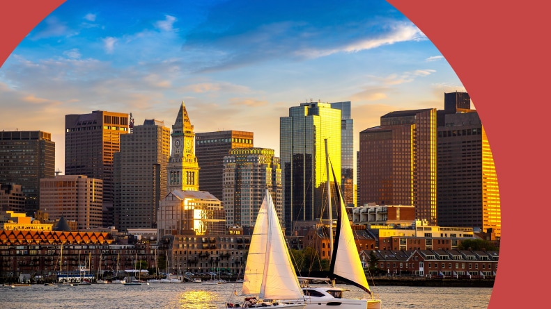 Sunset view of the cityscape in Boston, a good place to retire.