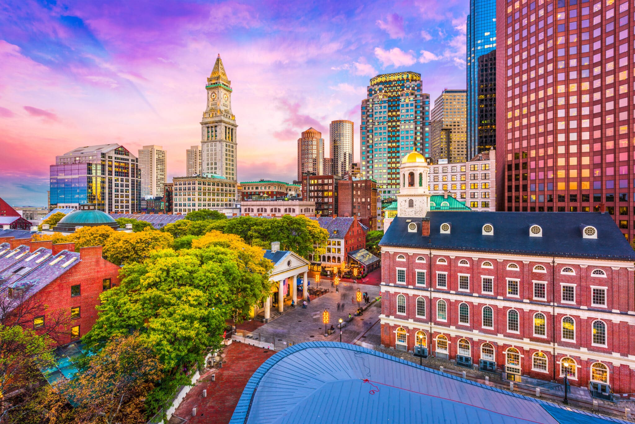 Sunset view of Boston, Massachusetts.