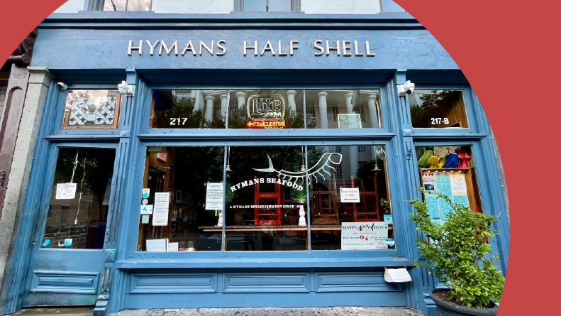 The front exterior of Hyman's seafood restaurant in Charleston, SC.