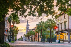 Sunset view of a downtown street in Charleston, South Carolina.
