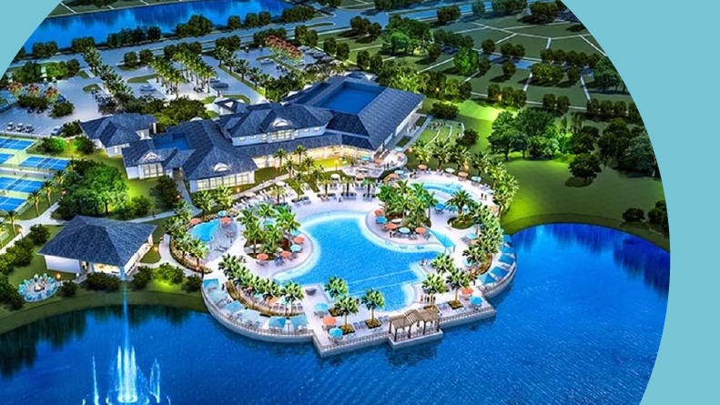 Rendering of an aerial view of the amenities at Del Webb Sunbridge in St. Cloud, Florida.