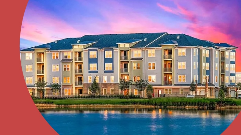 Exterior view of a condo building on the grounds of Gatherings of Lake Nona in Orlando, Florida.