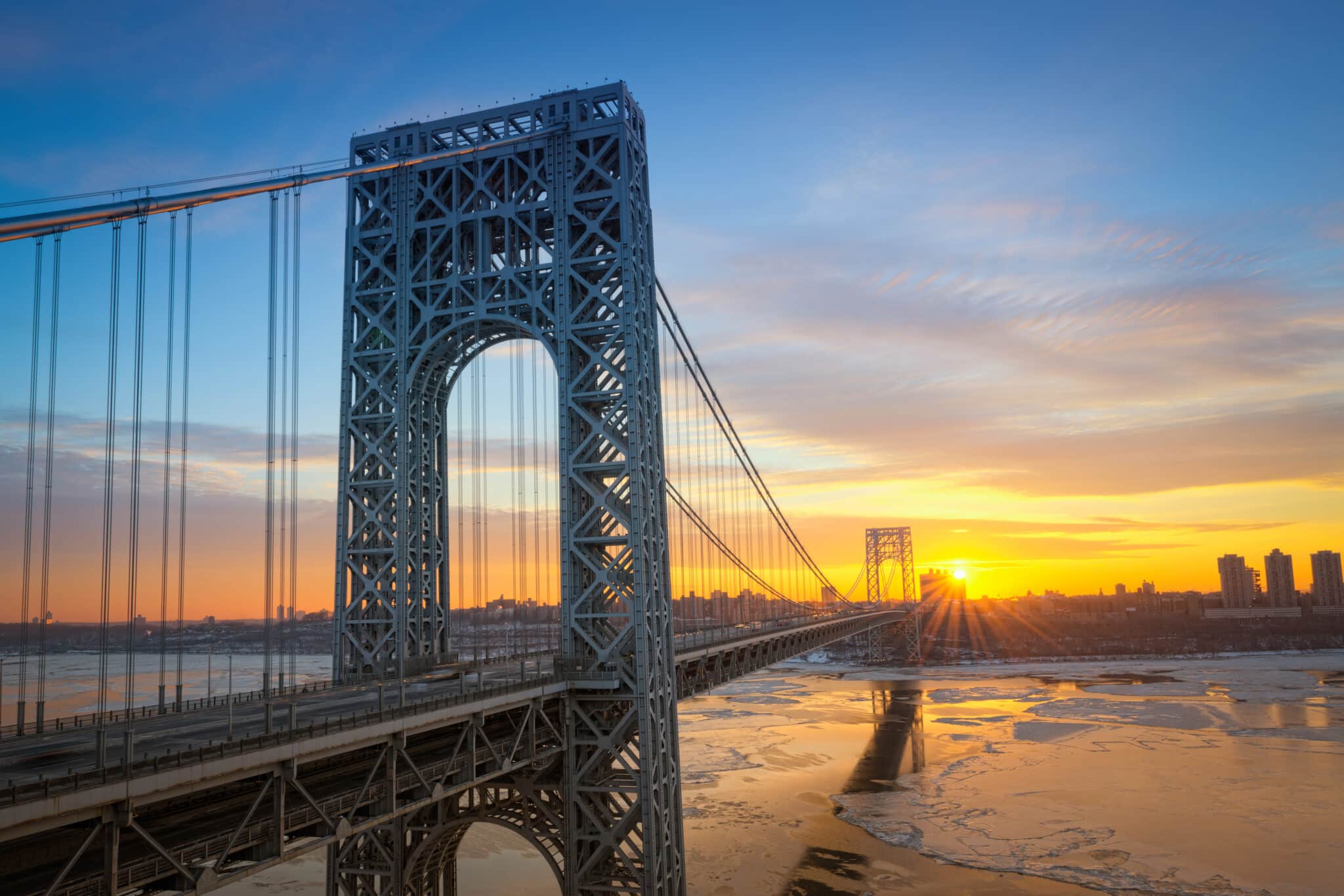 The George Washington Bridge at sunset in New Jersey.