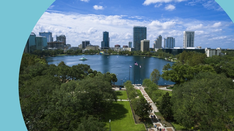 An aerial view of Lake Eola on a sunny day in Orlando, Florida.