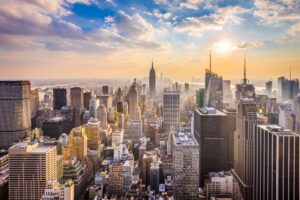 Aerial view of New York, New York at sunset.