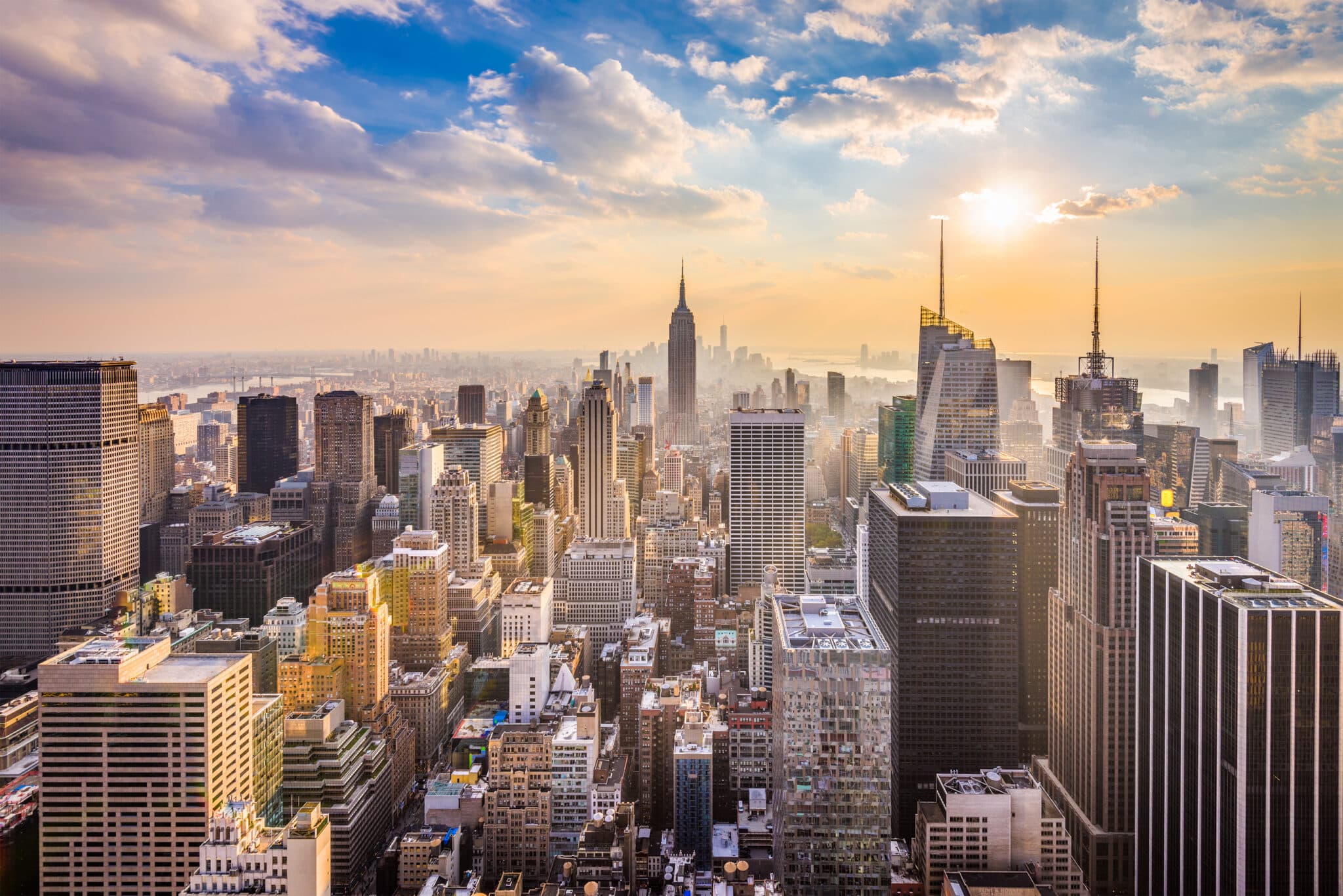 Aerial view of New York, New York at sunset.