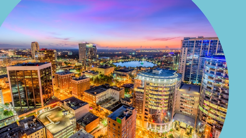 Aerial view of the Orlando, Florida cityscape at night.