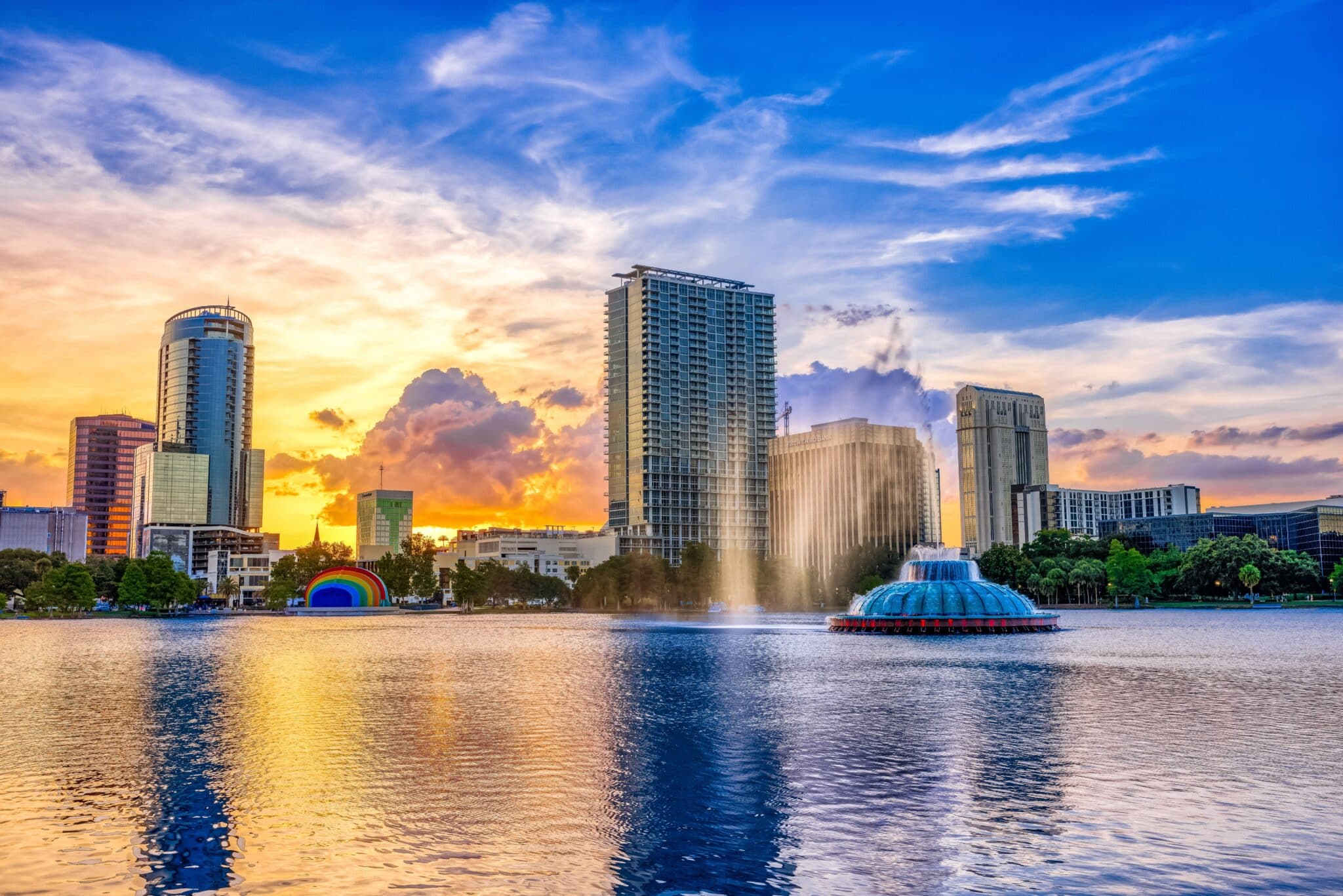 View across the water at sunset of Orlando, Florida.