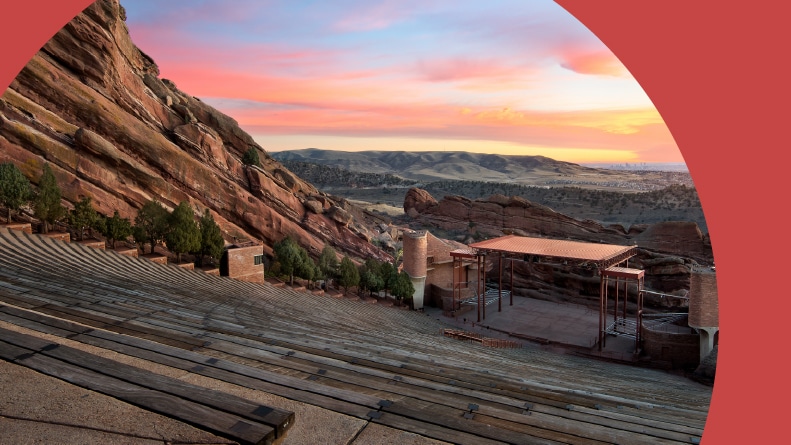 Red Rocks Park at sunrise near Denver, Colorado.
