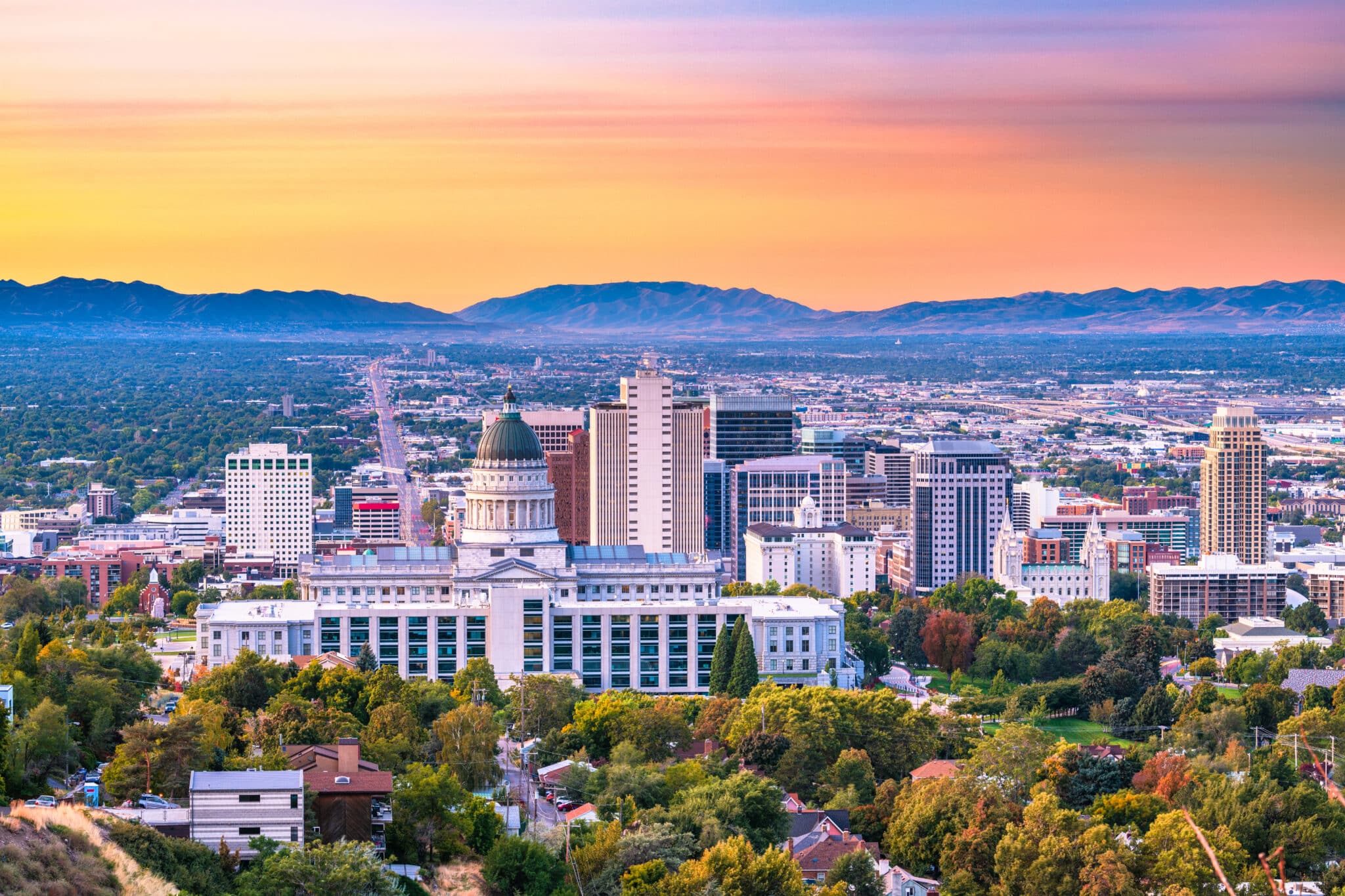 Aerial view of Salt Lake City, Utah at sunset.