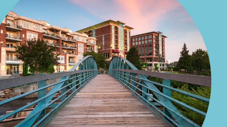 The Swamp Rabbit Trail in Downtown Falls Park at sunrise in Greenville SC, a good place to retire.