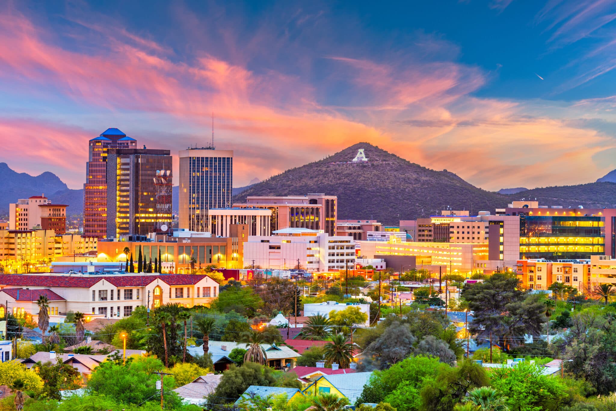 Sunset view of the Downtown Tucson, Arizona skyline.