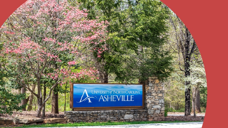 Entrance sign at campus of the University of North Carolina at Asheville in early spring.