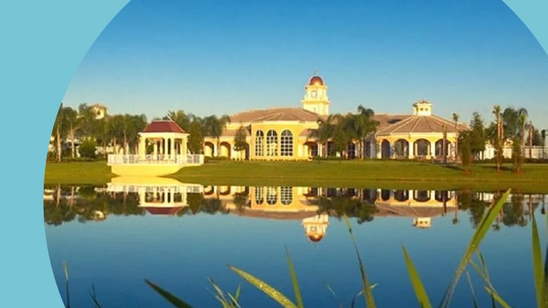 View from across the pond of the clubhouse at VillageWalk at Lake Nona in Orlando, Florida.