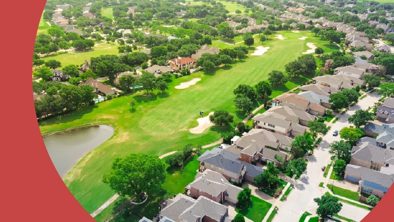 Aerial view of an upscale golf community in a master planned subdivision.