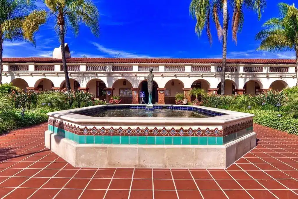 View of the water fountain outside the clubhouse at Laguna Woods Village. 