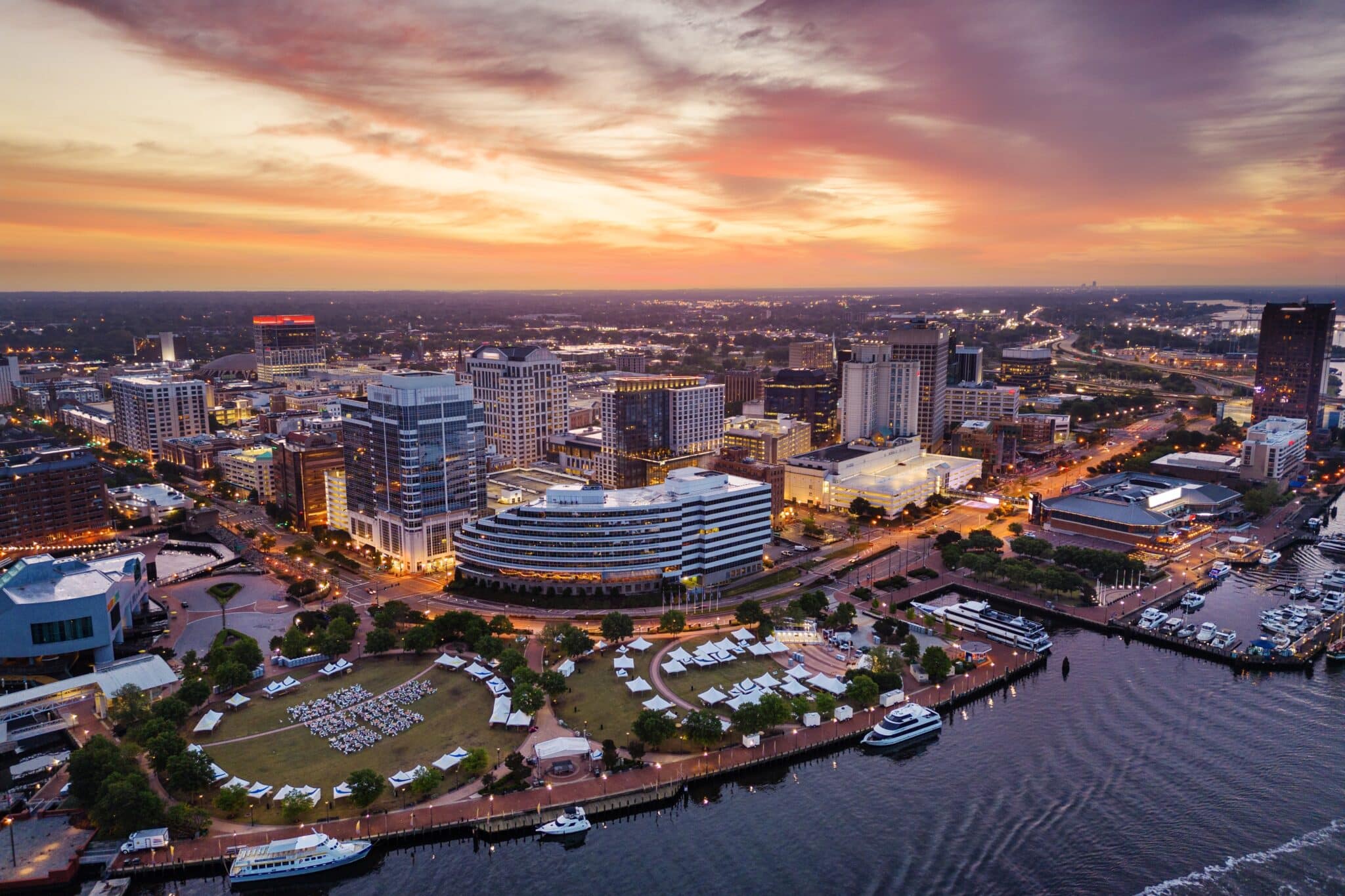 Aerial view of downtown Norfolk, VA. 