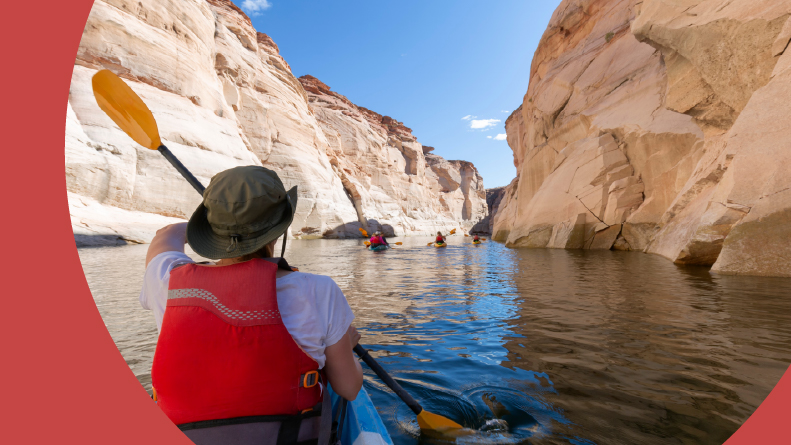 Kayakers on Lake Powell in Arizona during the summer.