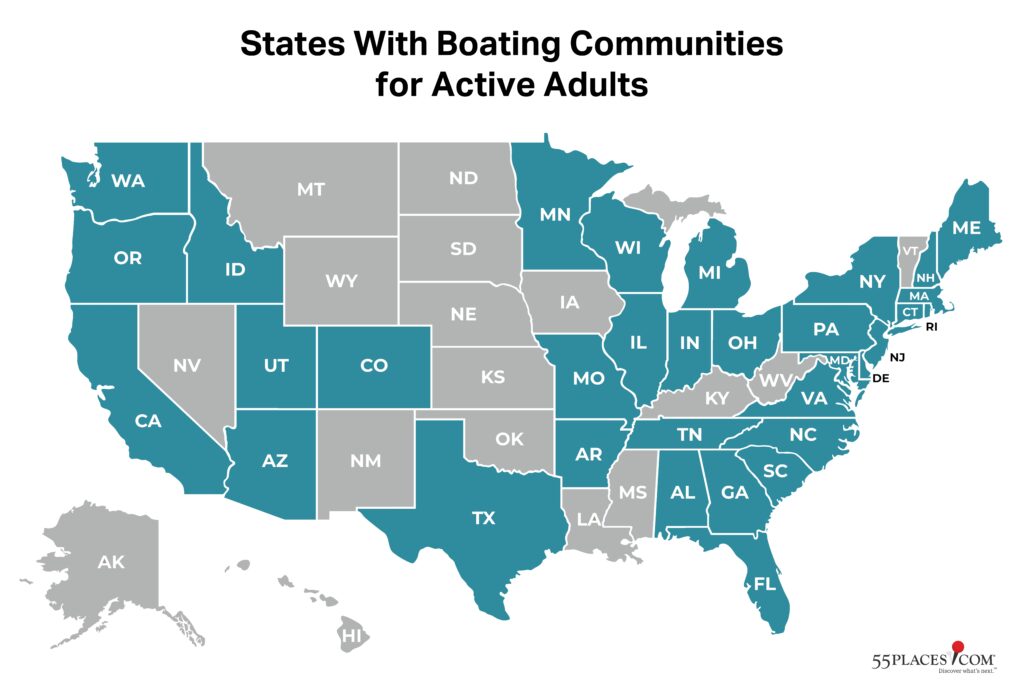 Map of the USA with states that offering active adult communities with boating highlighted.