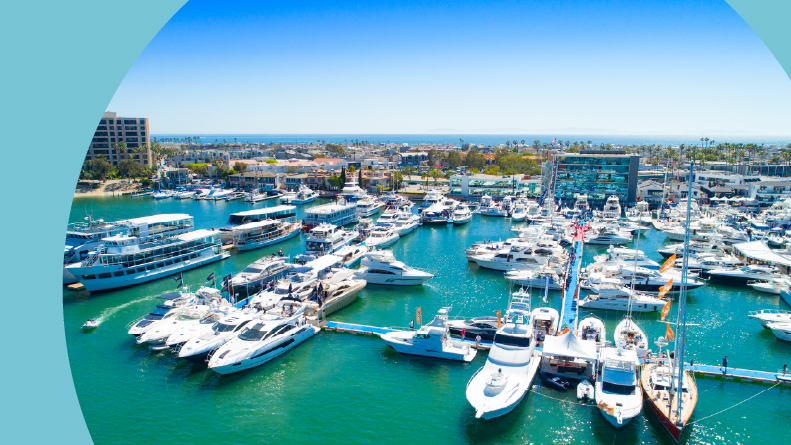Aerial view over the Newport Beach harbor during the annual boat show.