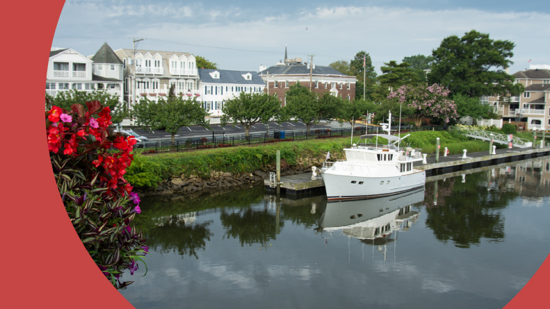 View of Downtown Lewes in Deleware from bridge over canal.