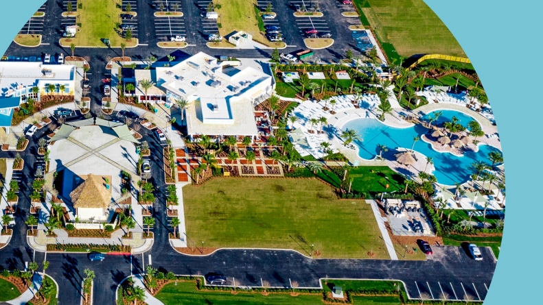 Aerial view of the amenities at Latitude Margaritaville Hilton Head in Hardeeville, South Carolina.