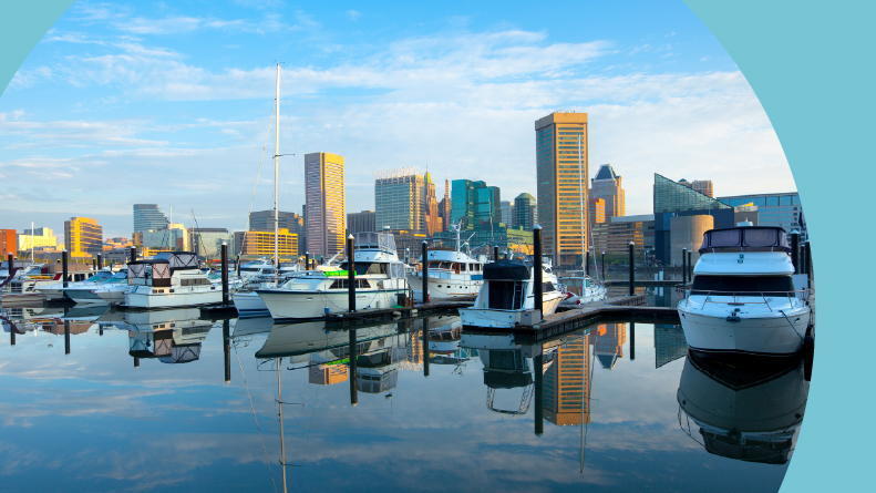 Inner Harbor and marina in Baltimore, Maryland.