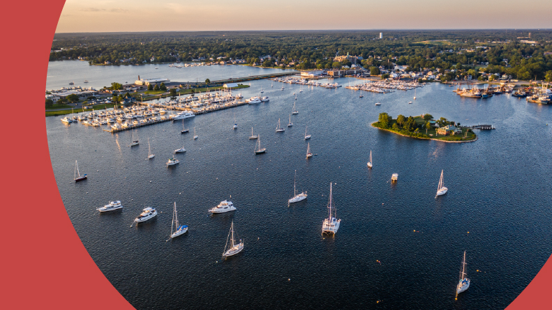 Aerial view of Pope's Island Marina in Historic New Bedford harbor in Massachusetts.