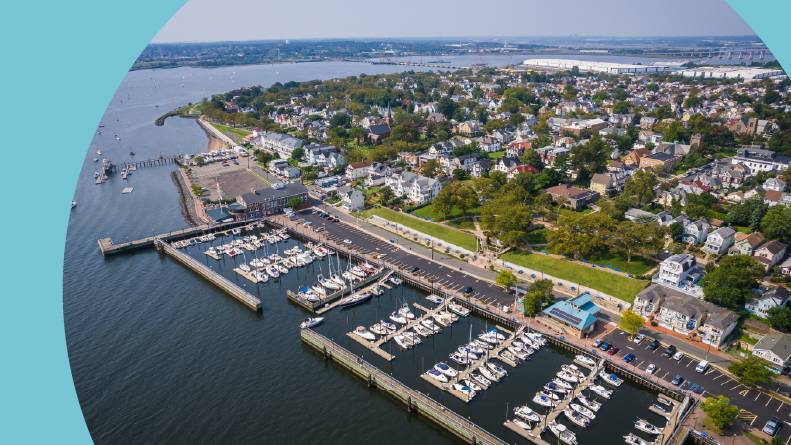 Aerial view of boats at a dock in Perth Amboy, New Jersey.